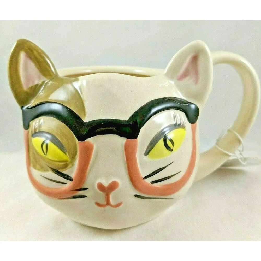 Hipster‎ Kitty White Cat Pink Black Glasses Mug Coffee Tea Cup NWT